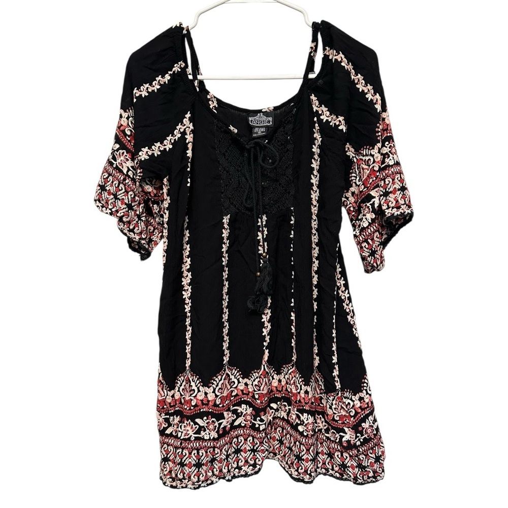 Vintage Y2K Angie Black and Red Bohemian Tunic/Mini Dress Size Medium